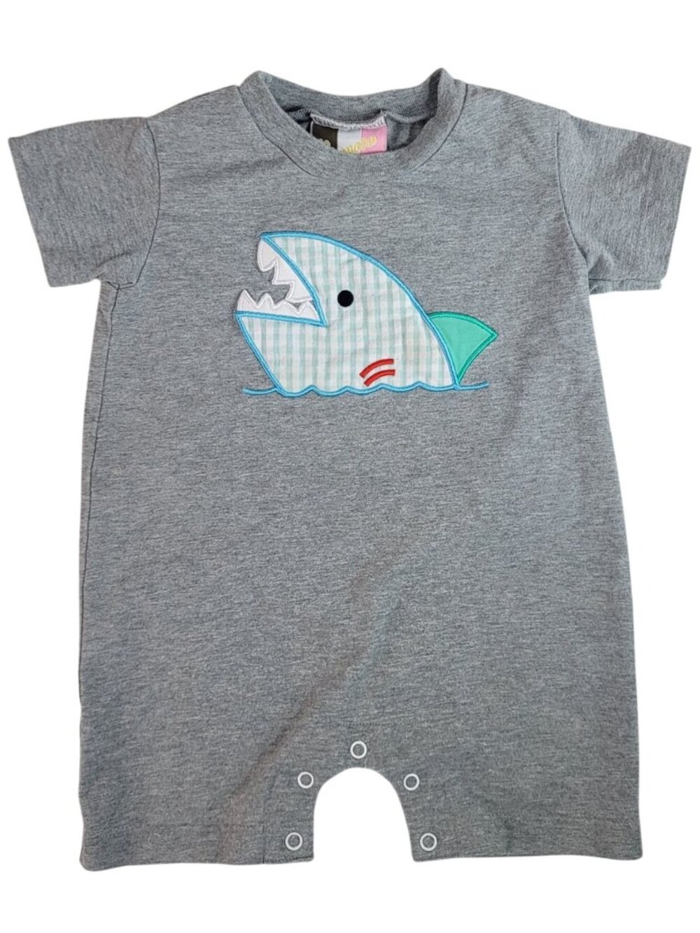 Banana Split One Piece Romper Gray 9M Shark Applique Short Sleeve Snaps Cotton